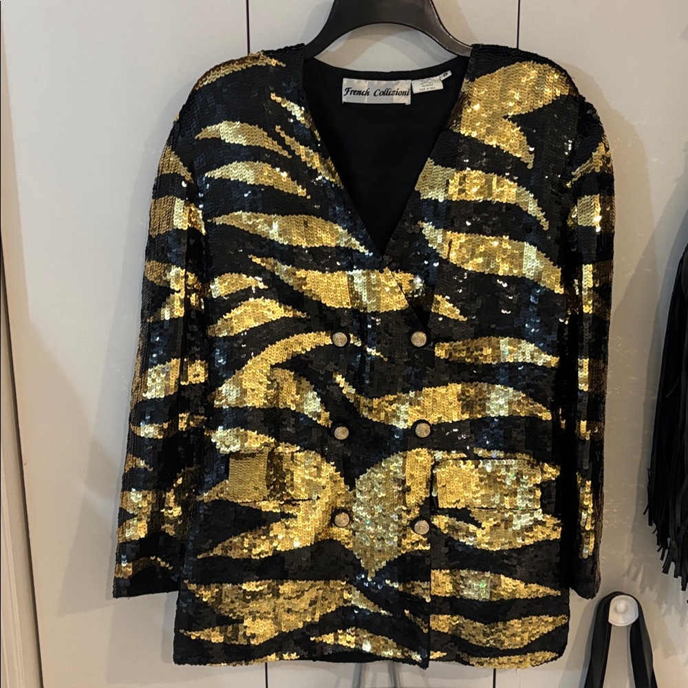 Vintage French Collizioni Sequin Double breasted Gold/Black 100% Silk Blazer, S